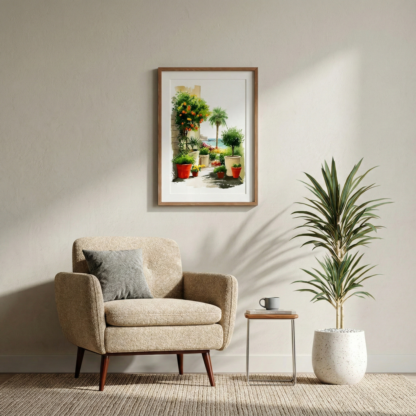 Wandbild „Plant with me“ in einem Holzrahmen über einem beigen Sessel in einem hellen, modern eingerichteten Wohnzimmer