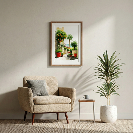 Wandbild „Plant with me“ in einem Holzrahmen über einem beigen Sessel in einem hellen, modern eingerichteten Wohnzimmer