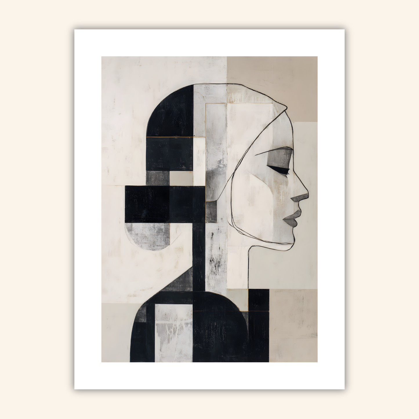 Modernes Wandkunst-Motiv „Love Me Later“: Abstraktes Porträt einer Frau im Profil, gestaltet mit kubistischen Formen in Beige, Schwarz und Grau.