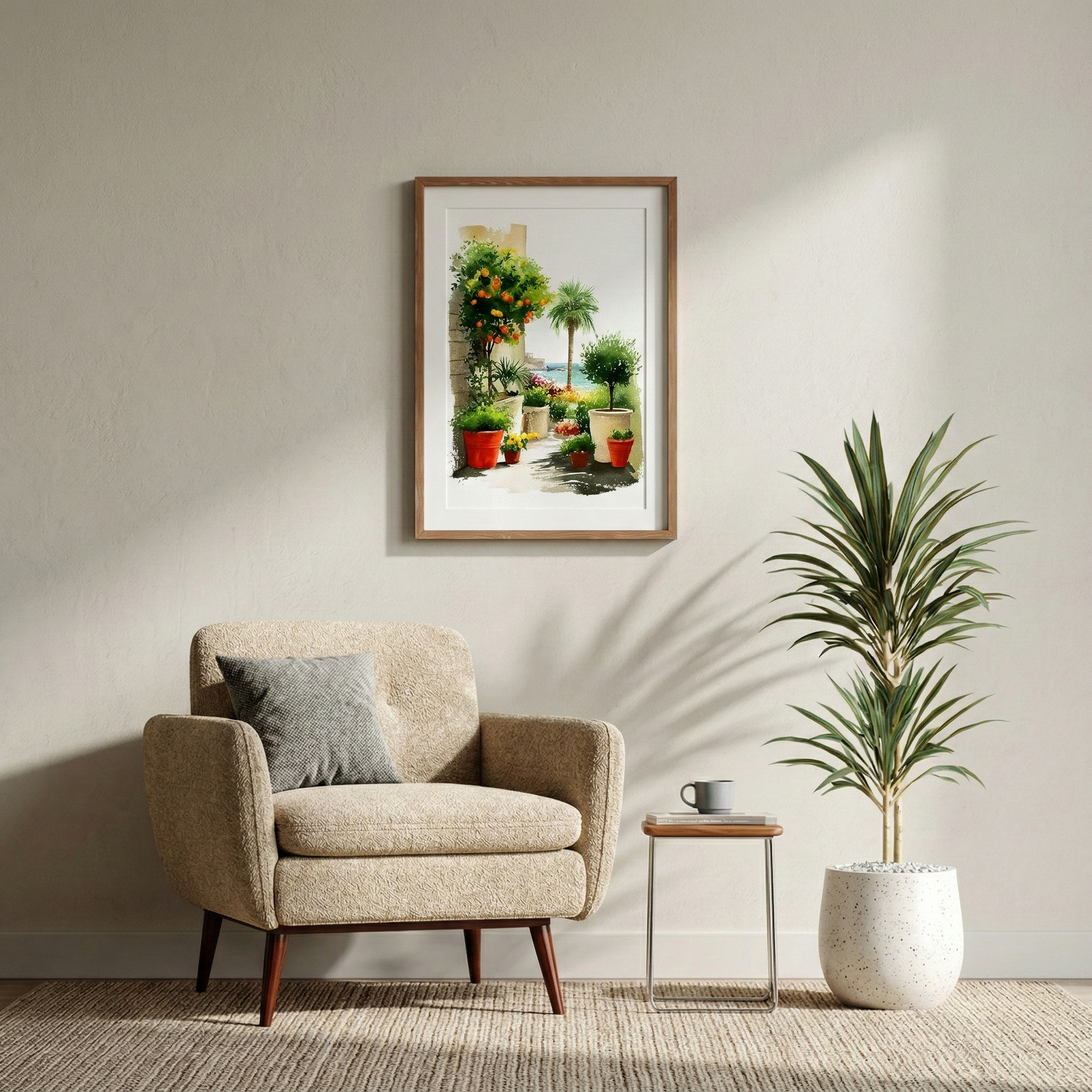 Wandbild „Plant with me“ in einem Holzrahmen über einem beigen Sessel in einem hellen, modern eingerichteten Wohnzimmer