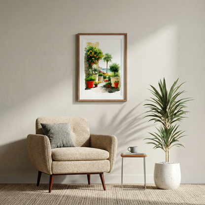 Wandbild „Plant with me“ in einem Holzrahmen über einem beigen Sessel in einem hellen, modern eingerichteten Wohnzimmer