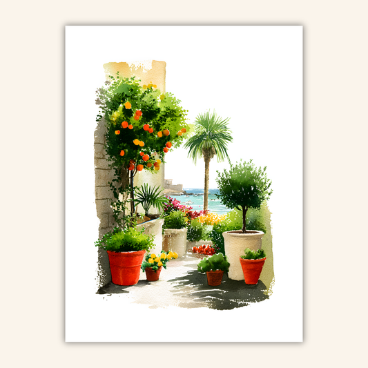 Mediterranes Aquarell-Wandbild „Plant with me“ mit Orangenbäumen in Töpfen vor einer Meereskulisse