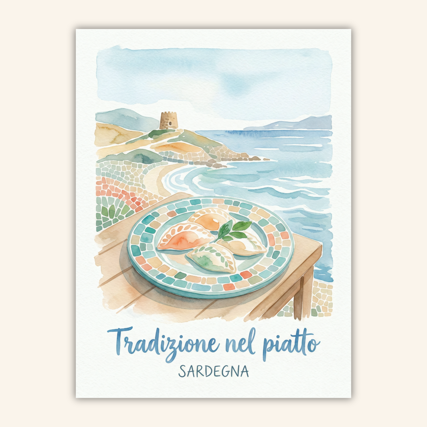 Aquarell-Kunstdruck „Tradizione nel Piatto“ zeigt sardische Teigtaschen auf einem Mosaikteller vor einer Mittelmeerküste mit Turm