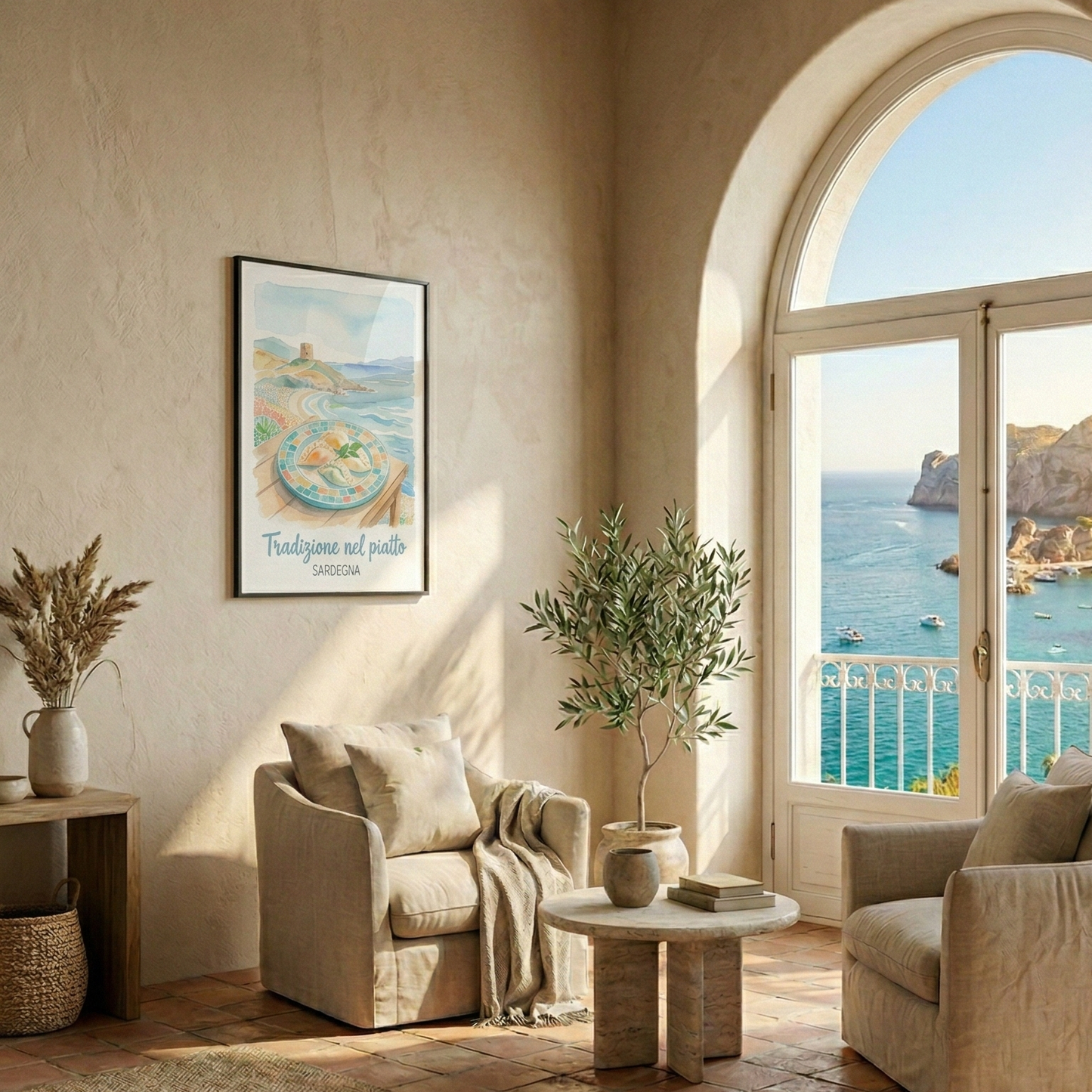 Mediterrane Wohnzimmer-Inspiration mit dem gerahmten Wandbild „Tradizione nel Piatto“ an einer hellen Wand neben einem Sessel